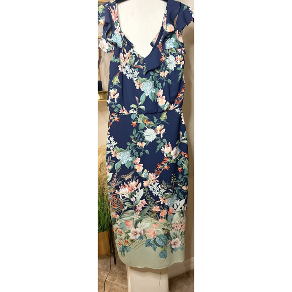 Oasis Fitzwilliam Museum Bird Butterfly Botanical Frill Cold Shoulder Midi Dress - Picture 1 of 7